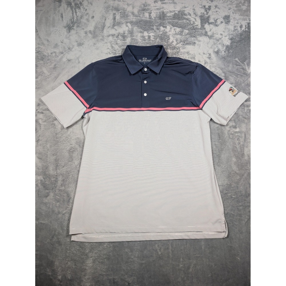 Vineyard Vines Polo Shirt Mens L Blue Stripe Tatanka GC Golf Stretch